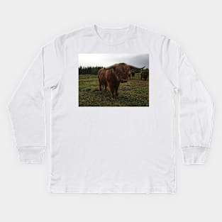 Scottish Highland Cattle Bull With Big Horns 2094 Kids Long Sleeve T-Shirt